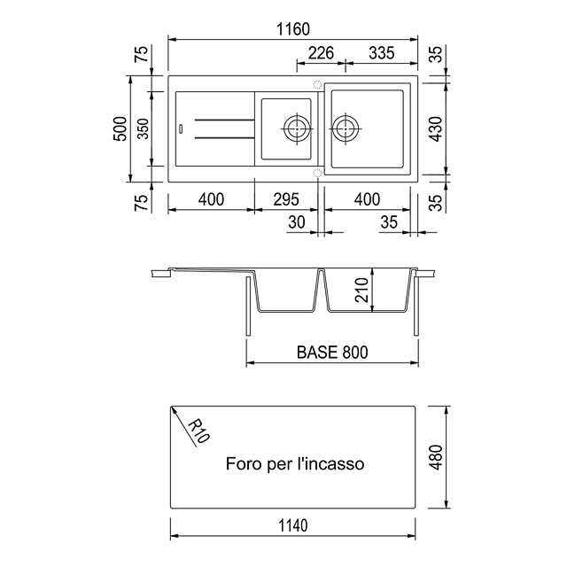 Disegno tecnico lavello Plados mod. AM11620