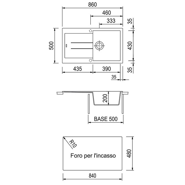 Disegno tecnico lavello Plados mod. AM8610