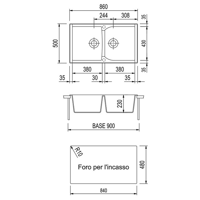 Disegno tecnico lavello Plados mod. CX0862