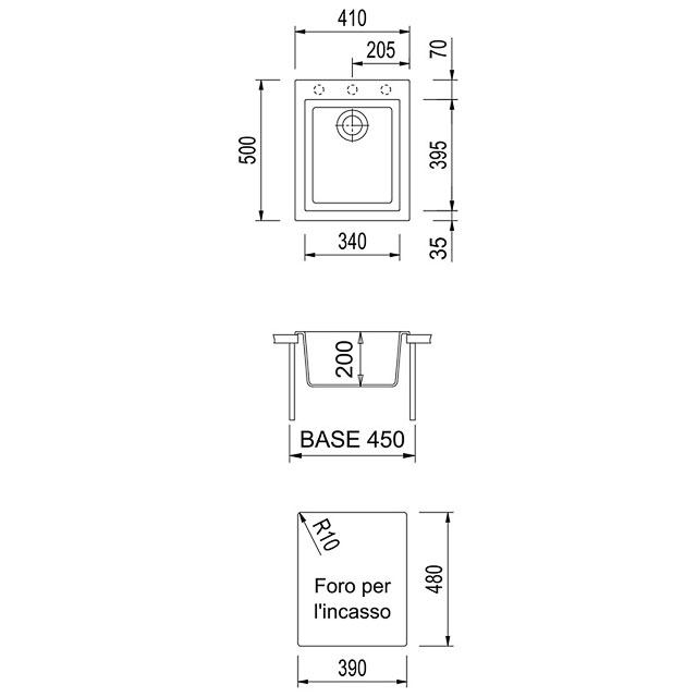 Disegno tecnico lavello Plados mod. ON4110