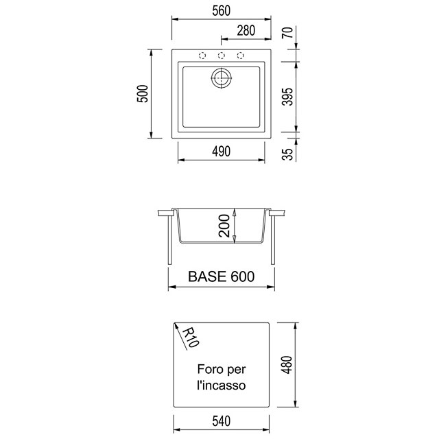Disegno tecnico lavello Plados mod. ON5610