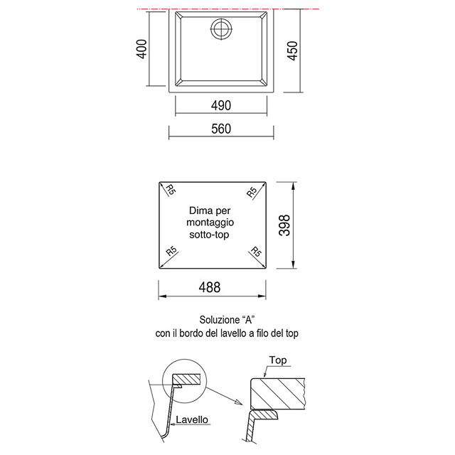 Disegno tecnico lavello Plados mod. ON5610ST