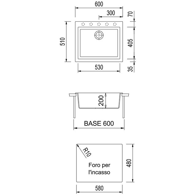 Disegno tecnico lavello Plados mod. ON6010