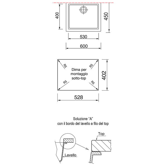 Disegno tecnico lavello Plados mod. ON6010ST