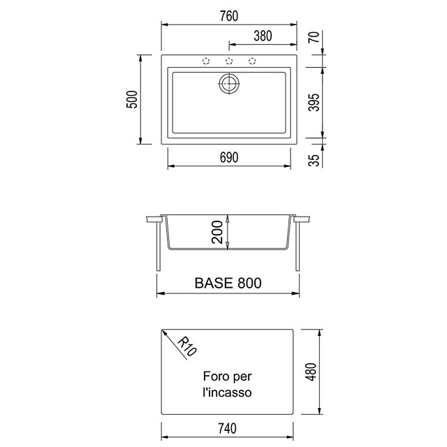 Disegno tecnico lavello Plados mod. ON7610