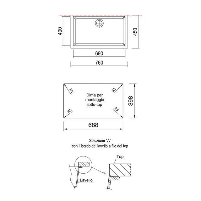 Disegno tecnico lavello Plados mod. ON7610ST