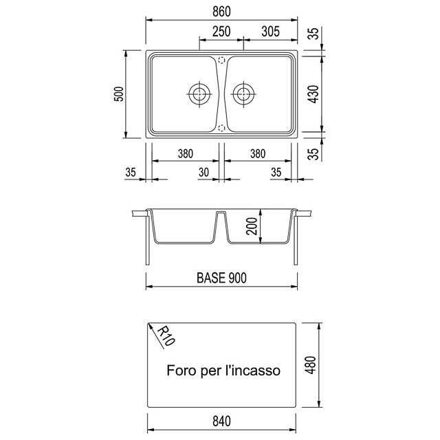 Disegno tecnico lavello Plados mod. SP0862