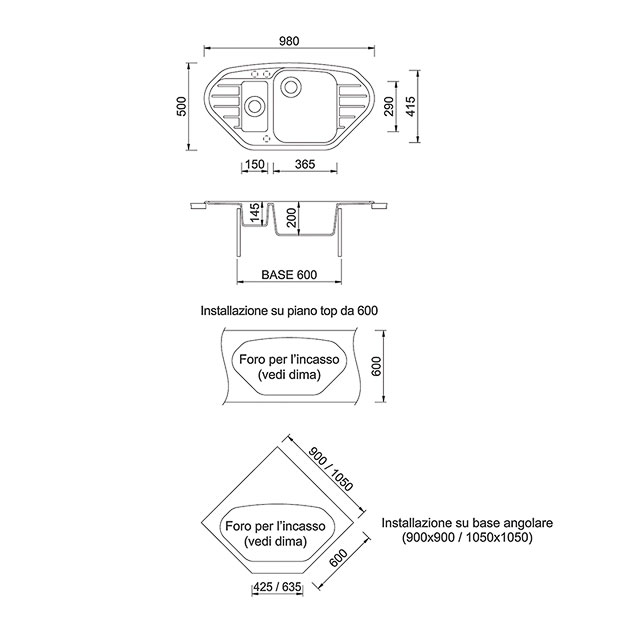 Disegno tecnico lavello Plados mod. SP0981