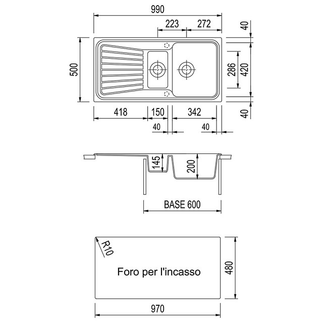 Disegno tecnico lavello Plados mod. SP0991