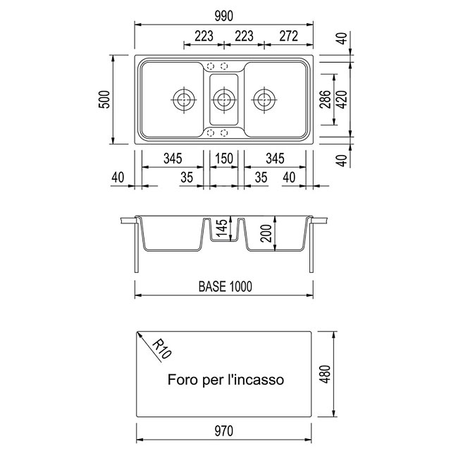 Disegno tecnico lavello Plados mod. SP0992