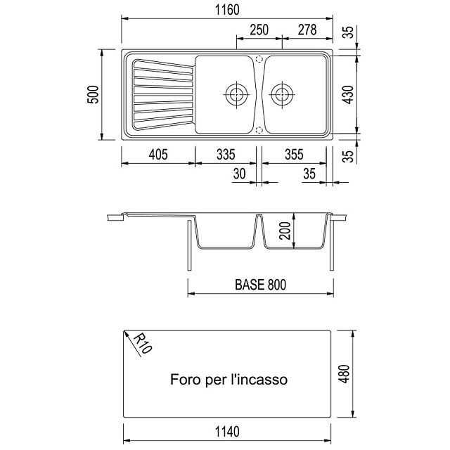 Disegno tecnico lavello Plados mod. SP1162