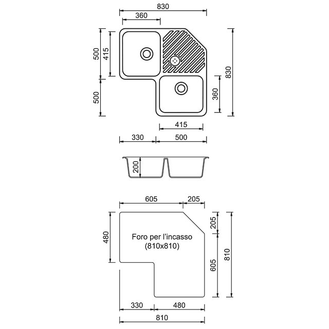 Disegno tecnico lavello Plados mod. FTA8320