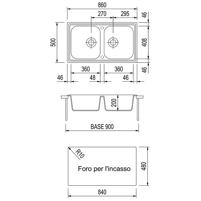 Disegno tecnico lavello Plados mod. PL0862