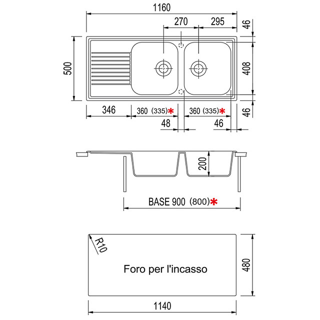 Disegno tecnico lavello Plados mod. PL1162