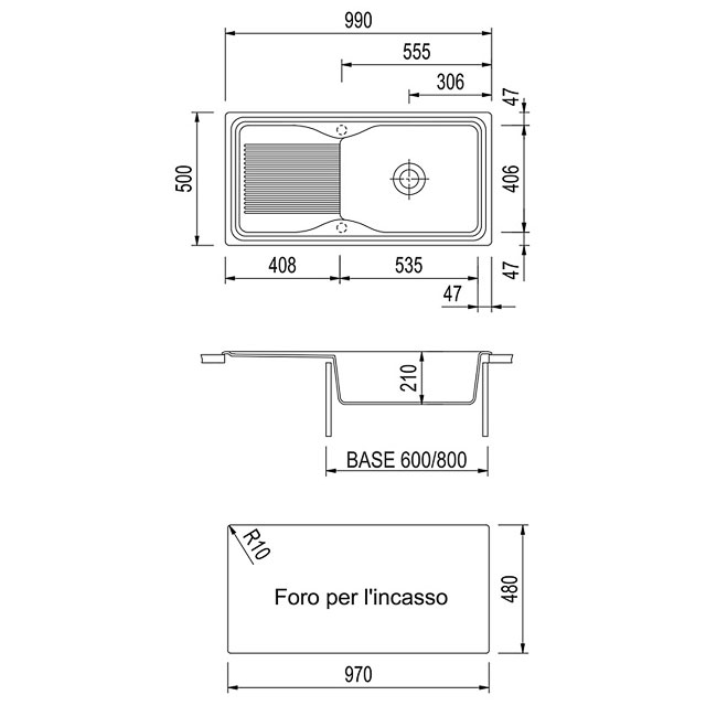Disegno tecnico lavello Plados mod. DB09910