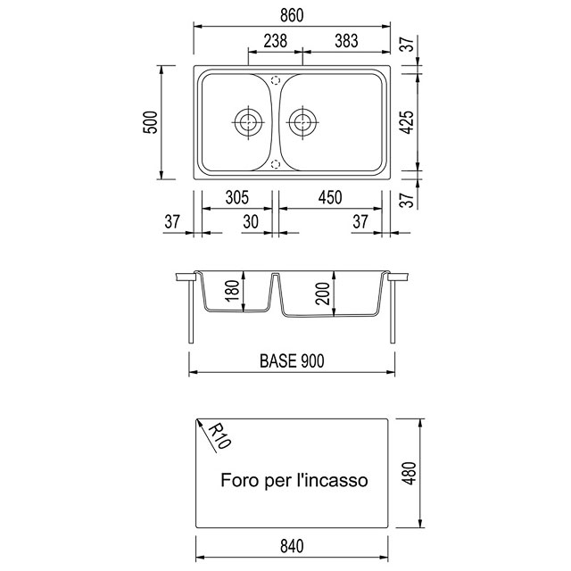 Disegno tecnico lavello Plados mod. HR0862