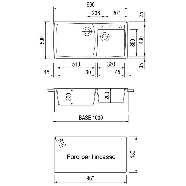 Disegno tecnico lavello Plados mod. HR0992