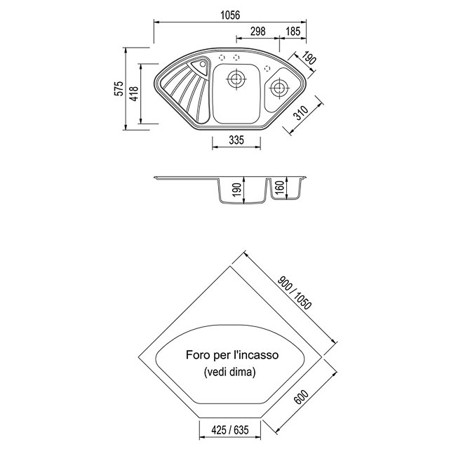 Disegno tecnico lavello Plados mod. HR1061