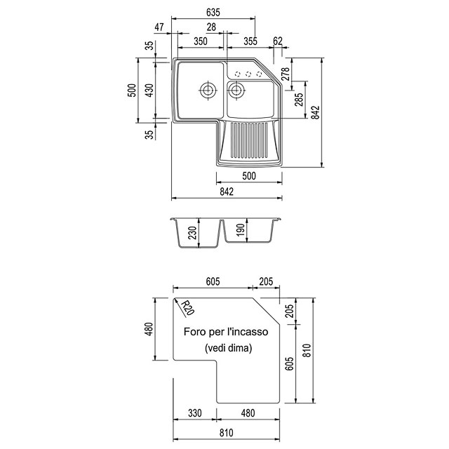 Disegno tecnico lavello Plados mod. HRA832
