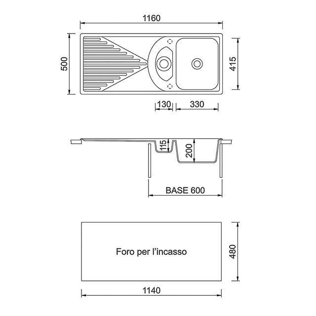 Disegno tecnico lavello Plados mod. PL11610
