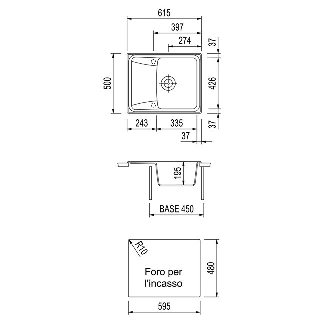 Disegno tecnico lavello Plados mod. HR6150