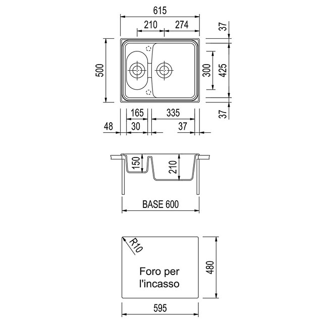 Disegno tecnico lavello Plados mod. HR6151