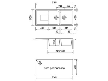 Disegno tecnico lavello Plados mod. CX1162